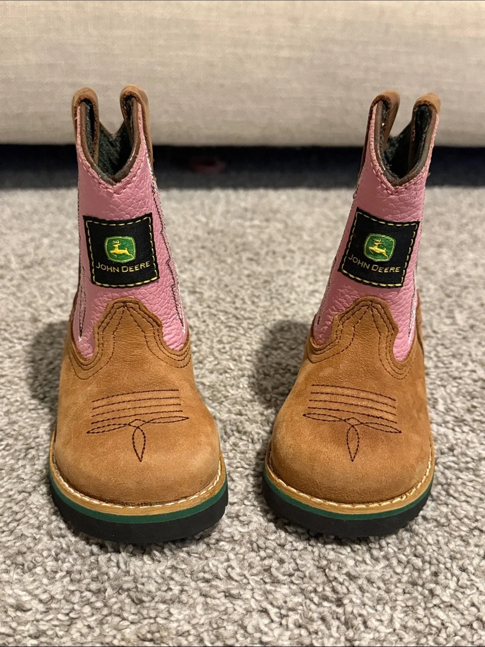John Deere Pink & Brown Kids' Cowboy Pull-On Boots with Green Trim